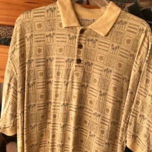 TOMMY BAHAMA * s/s YELLOW 3-button POLO shirt * silk/cotton * PALM TREES * sz L